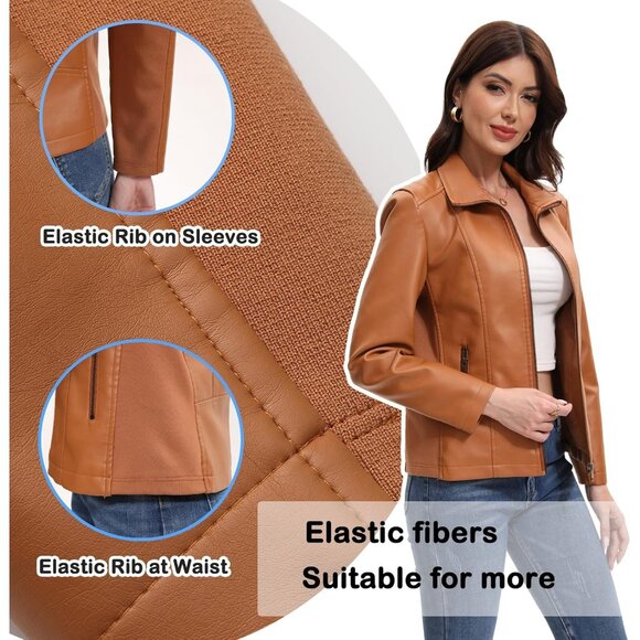 Women Camel Faux Leather Motorcycle Jacket Zip Up Trendy Going Out Coat - Picture 3 of 6